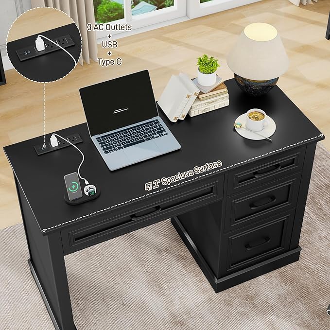 Vabches Farmhouse 47" Executive Desk, Computer Desk with Drawers and File Drawer, Workstation Computer Desk with Charging Station for Home Office, Study,Pure Black.