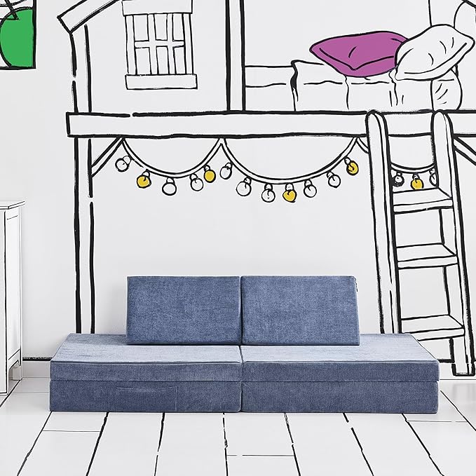 Yourigami Kids and Toddler Play Couch, Convertible Folding Sofa, Durable Foam Modular Design, Blue Lagoon