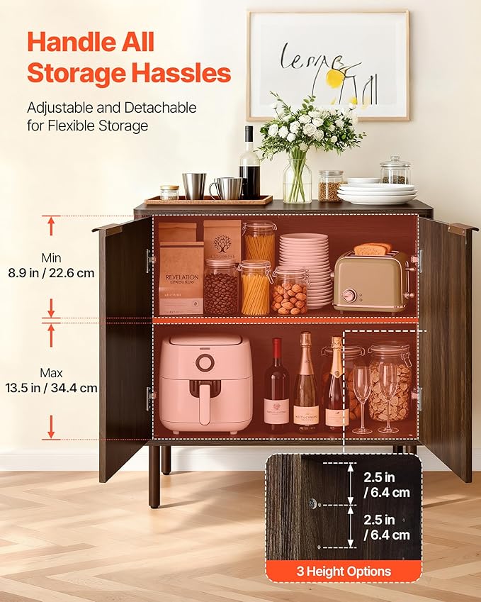 VEVOR Fluted Cabinet, Buffet Cabinet with 2-Tier Storage, Coffee Bar Cabinet with Adjustable Shelves, Sideboard Buffet for Hallway, Entryway, Living Room, or Kitchen, Walnut