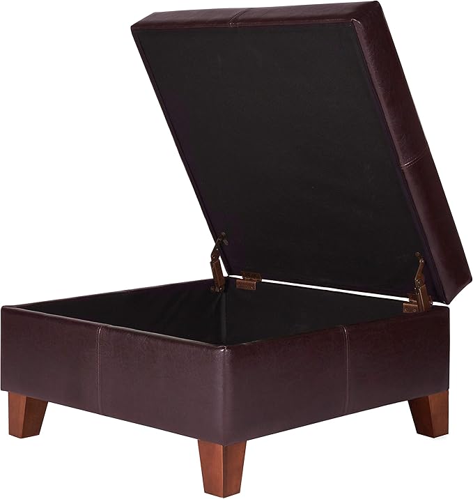 HomePop Faux Leather Square Storage Ottoman with Wood Legs, Distressed Brown