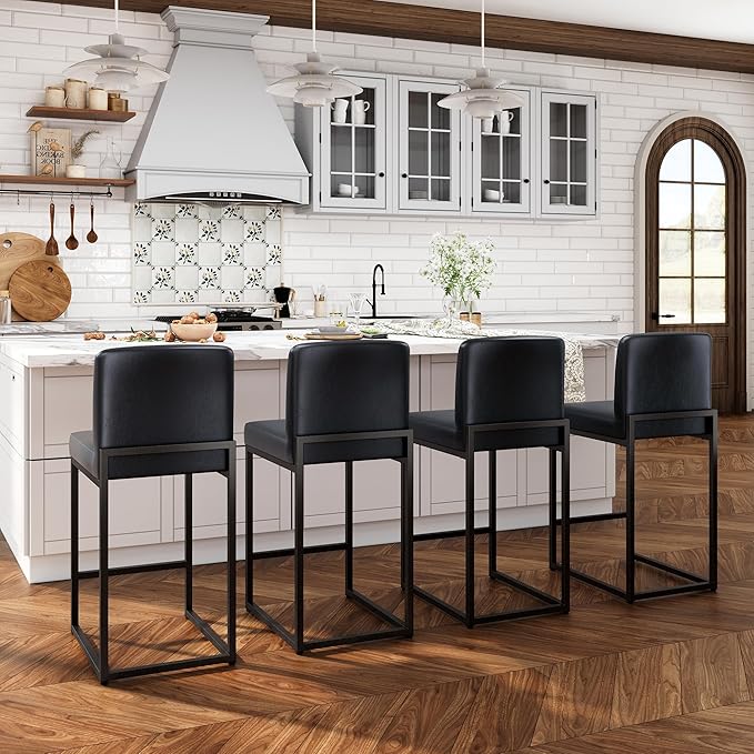 ALPHA HOME 24 Inch Bar Stools Set of 3, Kitchen Counter Stools with Backs, PU Leather Barstools, Kitchen Stools with Back&Upholstered Footrest, Sturdy Chromed Metal Steel Frame, Midnight Blue