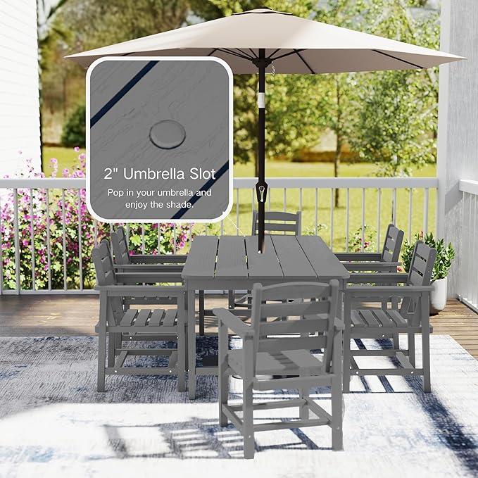 7 Piece Patio Dining Set with 11ft Patio Umbrella (Red), 7 Gray Outdoor HDPE Dining Set with 6 Chairs + 1 Large Table with 2" Umbrella Hole, for Market, Pool, Garden, Backyard, Deck