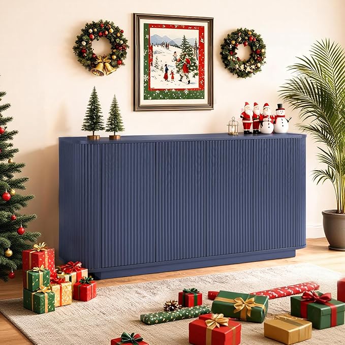 LKTART 64" Buffet Cabinet with Storage, Modern Fluted Accent Sideboard Media Console Credenza with Adjustable Shelves Pressed Spring for Kitchen Living Room,31.5" H (Blue)