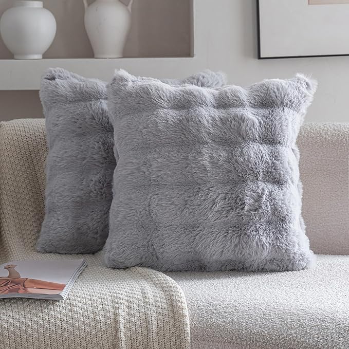 Neelvin Gray Faux Fur Cozy Soft Double-Sided Decorative Throw Pillow Covers 18x18 inch Set of 2,Velvet Pillowcase Cushion Case for Sofa Couch