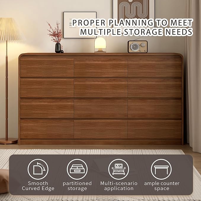 63 Inch Dresser For Bedroom 12 Drawer Wood Chest of Drawers - Curved Anti Collision, Mid Century Dresser For Closet with Natural Texture & Pre-Embedded Slots for TV Stand, Living Room, Nursery