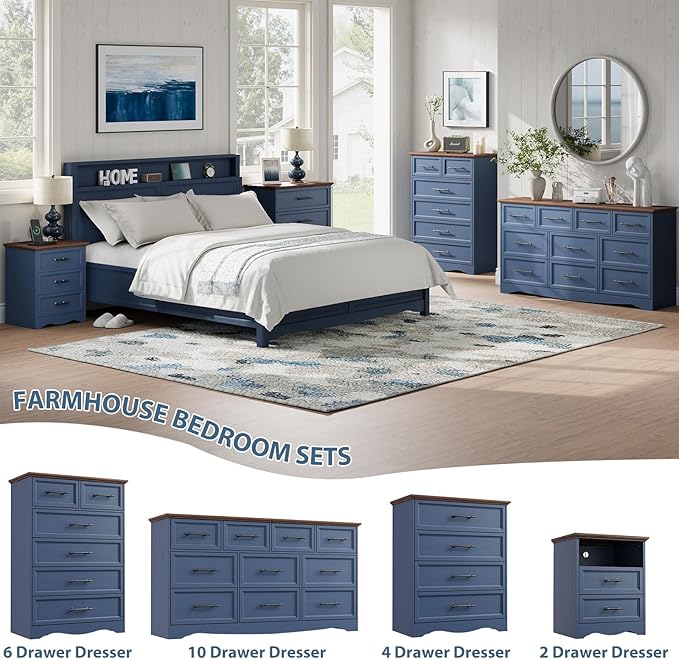 Blue Nightstand with Charging Station, 19.7" Farmhouse End Table with 3 Drawers Storage, Bedside Table with Brushed Metal Handles, Unique Base Design, 3 Drawer Dresser for Bedroom, Living Room