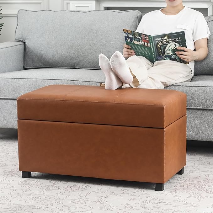 Asense Storage Ottoman Bench –32 Inch Stylish Compact Design with Storage, Extra Seating & Modern Leather Appeal for Living Room, Bedroom, Entryway,Brown