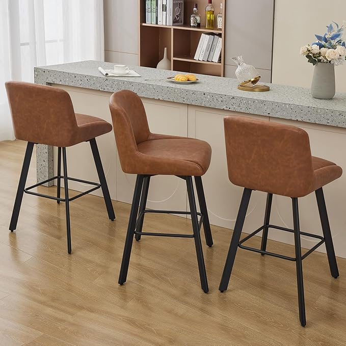 Swivel Bar Stools Set of 2, 30''H Upholstered Barstools with Backs, Modern Counter Height Bar Stool Chairs for Kitchen Island, Metal Legs, Faux Leather, Brown Counter Stools