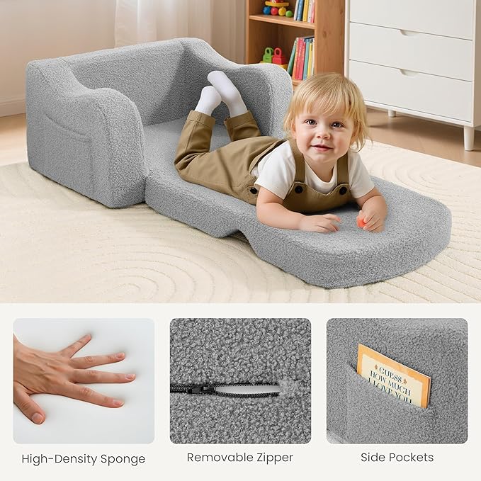 Comfy Toddler Chair & Kids, 2-in-1 Soft Couch Fold Out for Kids, Toddler Chairs Comfy 1-3 Years Old, Convertible Plush Sofa to Lounger for Girls and Boys,Light Grey