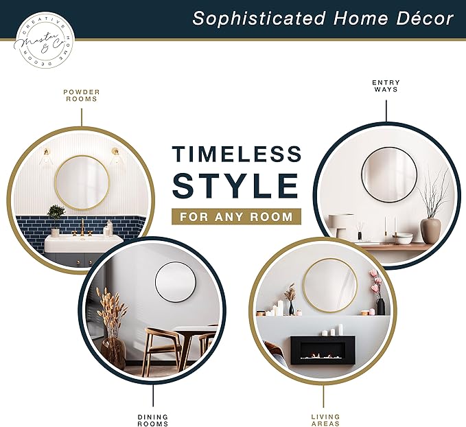 MCS Master & Co. 26in Round Brass Black Mirror, Modern Wall Hanging Large Mirror for Bathroom, Bedroom & Livingroom