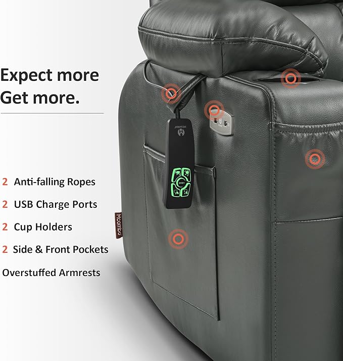 MCombo Dual Motor Power Lift Recliner Chair for Elderly, Lay Flat Lift Chair with Heat and Massage, Petite Wide Lift Chair, Cup Holders, USB A&C Ports, Faux Leather R7894 (Grey, Small-Wide)