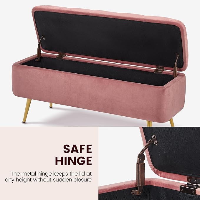 Yaheetech Ottoman with Storage 2pcs, Velvet Entryway Bench with Safety Hinge, Upholstered Bench with Seating for Bedroom, Living Room, Holds up to 519 lb, Pink
