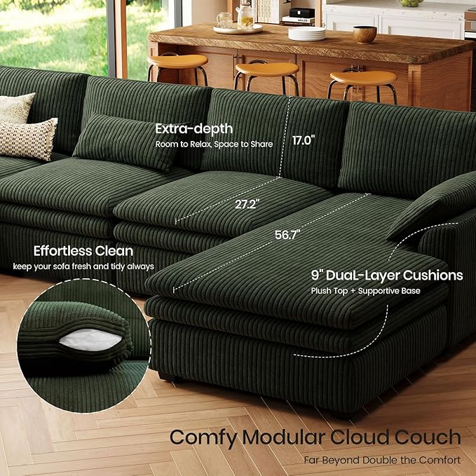 Belffin Large Modular Sectional Sofa with Deep Chaise, 104" Corduroy L Shaped Couch with 9" Soft Dual-Layer Seats Cushion for Living Room, Apartment, Green