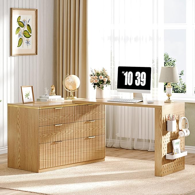 L Shaped Standing Desk,47" Home Office Desks, Executive, Farmhouse Computer Desk with 6 Drawers File Drawer, Rustic Computer Writing, Oak