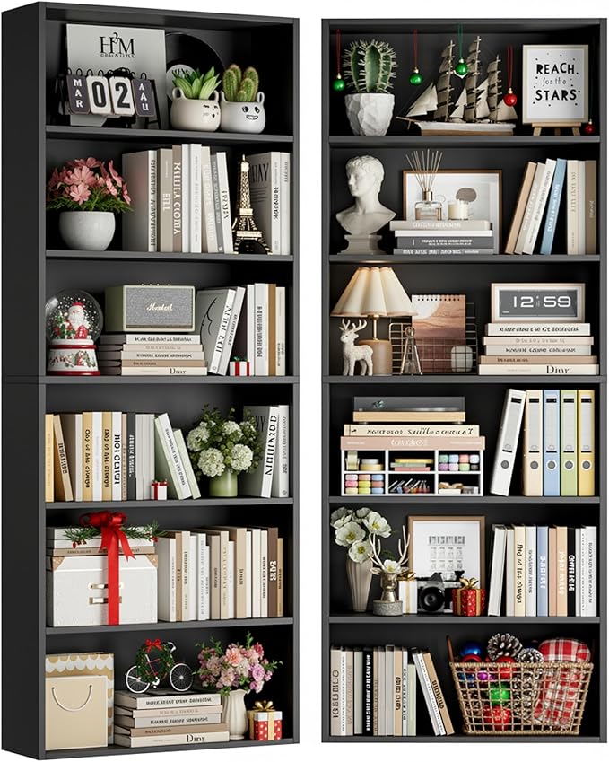 FOTOSOK 70.8" Tall Bookcase Shelf, 6 Tier Wide Bookshelf with Storage, Billy Bookcase Set of 2, Large Bookshelf for Living Room, Home Office, Black