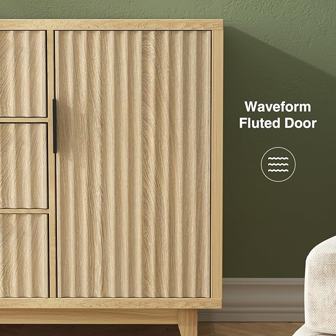 47.2" W Storage Cabinet with 3 Drawers, Fluted Buffet Cabinet with Storage, Large Sideboard Cabinet with 2 Door, Modern Mid Century TV Stand Coffee Bar Cabinet for Living Room, Kitchen, Entryway