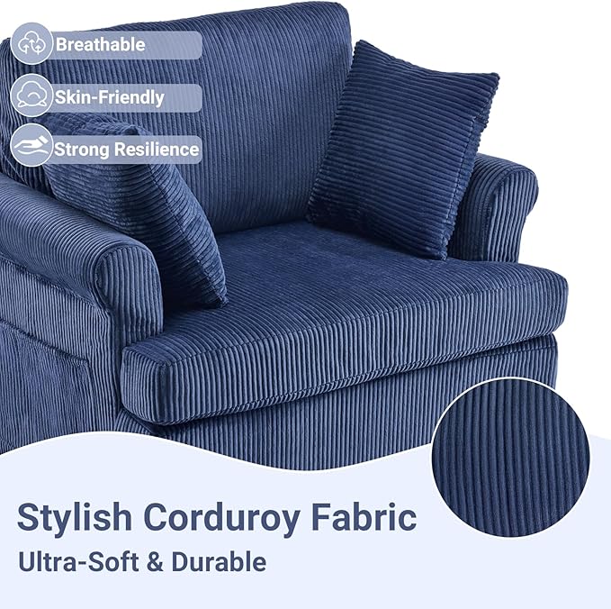 Karl home Swivel Accent Chair Set of 2, 39" Oversized Armchair W/2 Pillows and 4 Pockets,Modern Corduroy Barrel Chairs,Comfy Single Sofa for Living Room,Reading,Bedroom and Office-Dark Blue