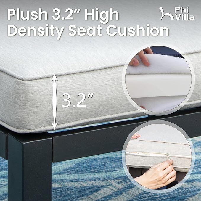 PHI VILLA Outdoor Patio Furniture Set, Metal Frame Modern Loveseat Couch for Poolside and Backyard,Light Grey