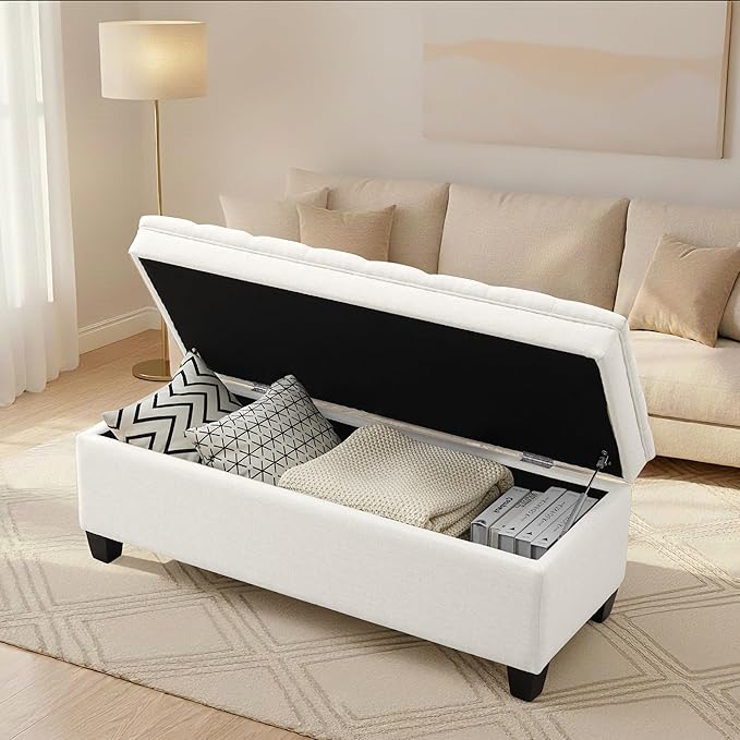 50" Storage Ottoman Bench, Rectangular End of Bed Storage Bench, Upholstered Large Fabric Tufted Ottoman with Storage for Living Room, Bedroom, Entryway,Wihte