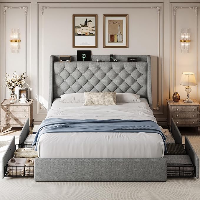 Full Size Upholstered Platform Bed Frame with 4 Storage Drawers and Charging Station, Linen Button Tufted Wingback Headboard, Sturdy Wooden Support Slats, No Box Spring Needed, Light Grey