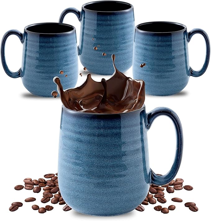 HASENSE Coffee Mugs Set of 4, 15 Ounce Porcelain Mug Set with Handle for Morning Coffee Tea and Cocoa, Ceramic Coffee Cups with Beautiful Glaze for Men, Women, Navy