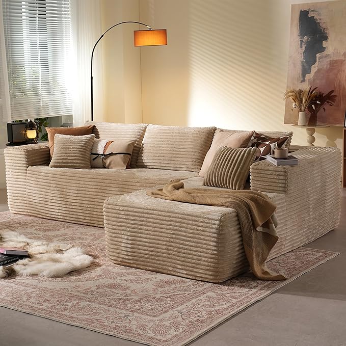 106" Cloud Sectional Couch with Chaise Lounge,L Shaped Modular Modern Sofa,Comfy Corduroy Fluffy Couches with Deep Seat,No Assembly Required Couch for Living Room(Right,Plush Corduroy,Beige)