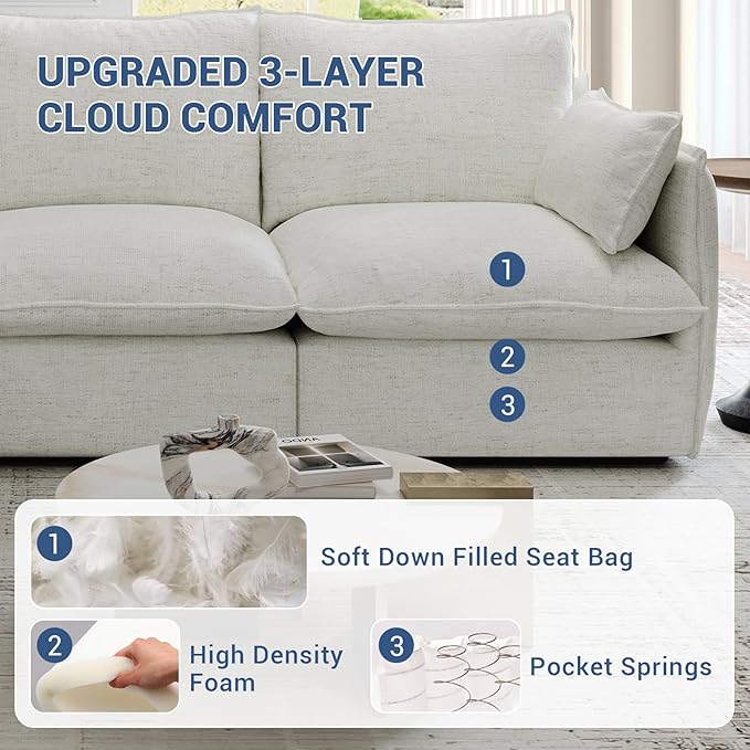 Cloud Movable Ottoman, Waterproof Down Filled Modular Sectional Sofa, High Backrest Sectional Couches for Living Room, Modern Modular Couch with Removable Cover, Cream White