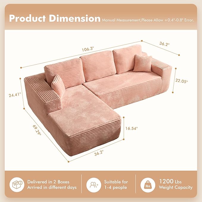 106" Cloud Sectional Couch with L-Shape Chaise, No Assembly Modular Sofa, Deep Seat Plush Corduroy Boneless Couched for Living Room (Pink Plush Corduroy, Left Facing Chaise)