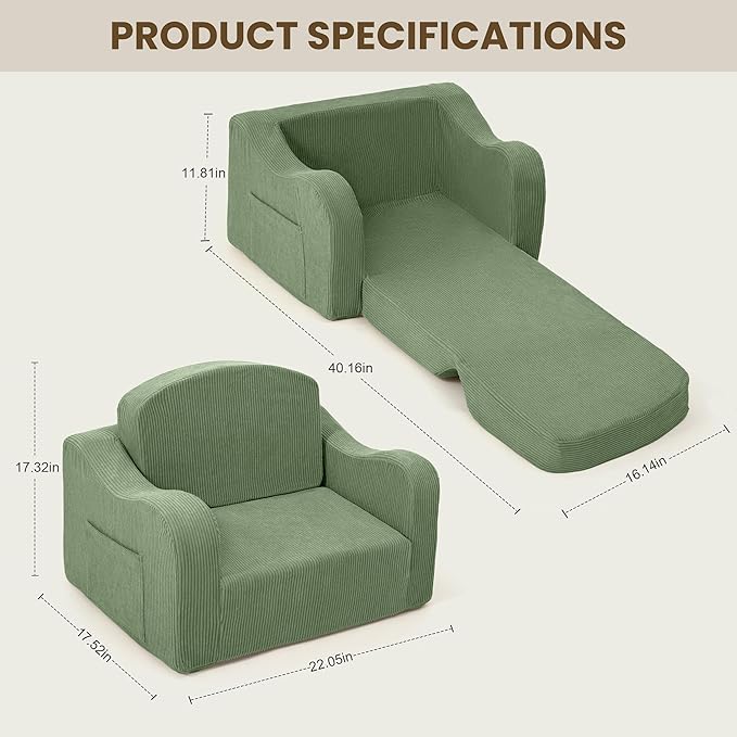Comfy Toddler Chair for Kids, 2-in-1 Toddler Soft Plush Couch Fold Out, Convertible Kids Couch to Lounger, Baby Sofa for Boys and Girls, Green