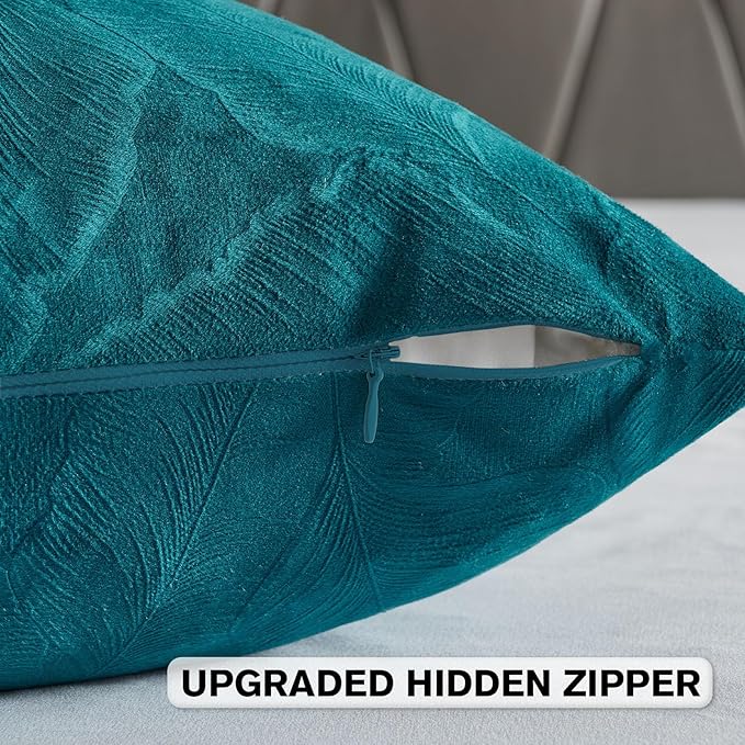 FUTEI Teal Velvet Throw Pillow Covers 12x20 Inch Set of 2,Soft Embossed Leaf-Relief Textured Lumbar Pillow Cases,Natural Home Decor for Couch Living Room