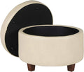 HomePop Large Leatherette Round Storage Ottoman with Removeable Lid, Cream Faux Leather
