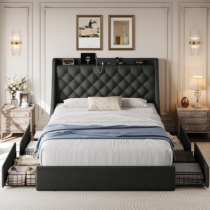 Queen Size Upholstered Platform Bed Frame with 4 Storage Drawers and Charging Station, Linen Button Tufted Wingback Headboard, Sturdy Wooden Support Slats, No Box Spring Needed, Dark Grey
