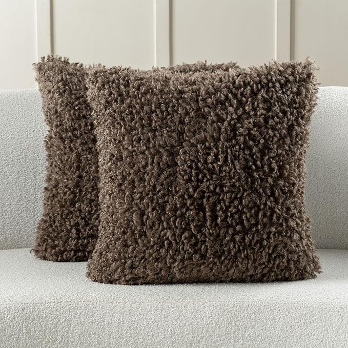 FUTEI Chocolate Decorative Throw Pillow Covers 22x22 Inch Set of 2,Soft Fluffy Faux Wool Fur Boucle Textured Cushion Case,Modern Home Decor for Couch Bed Living Room Office