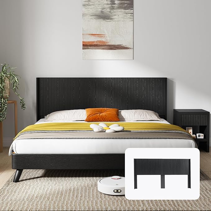 KEIKI Wooden King Size Headboard Only, 80.2" Wide Farmhouse Headboards with Wall Mounted Fluted Panel & Wingback for Bedroom, Black Oak