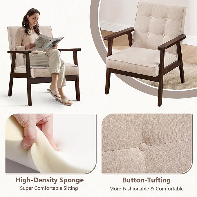 ANJ Mid Century Modern Accent Chair, Armchair for Living Room & Bedroom, Tufted Fabric Upholstered Side Chair with Solid Wood Legs, Comfortable Single Seater Reading Chair, Beige