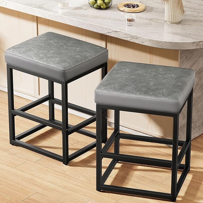 Counter Height Bar Stools Set of 2, 24" Barstools for Kitchen Countertop, Faux Leather Counter Stools with Thick Square Seats & Sturdy Metal Base, Simple Assembly, Gray
