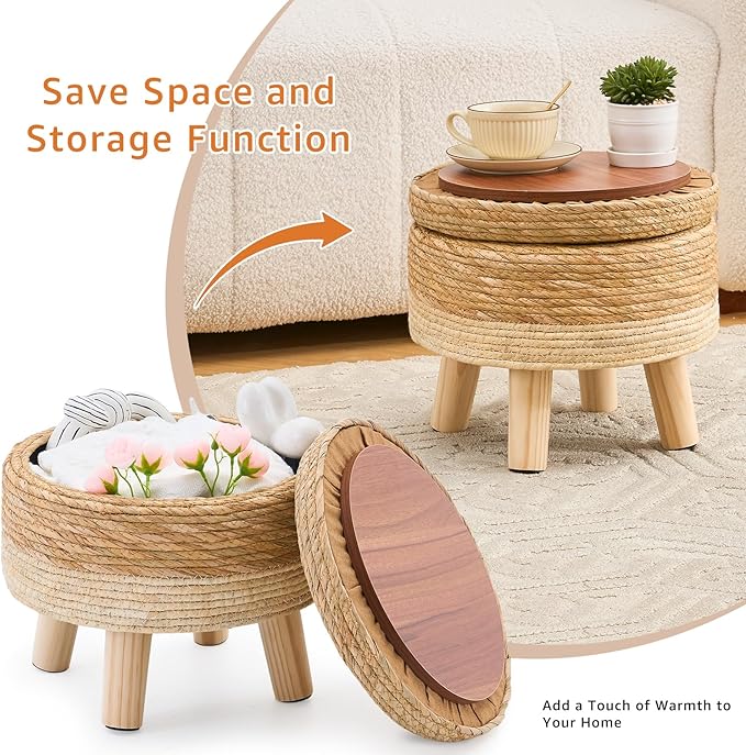 Cpintltr Storage Ottoman Poufs Handwoven Footstool Natural Seagrass Round Footrest Stool with 4 Wood Legs Soft Padded Outdoor Seat for Hallway Lounge Bedroom Garden
