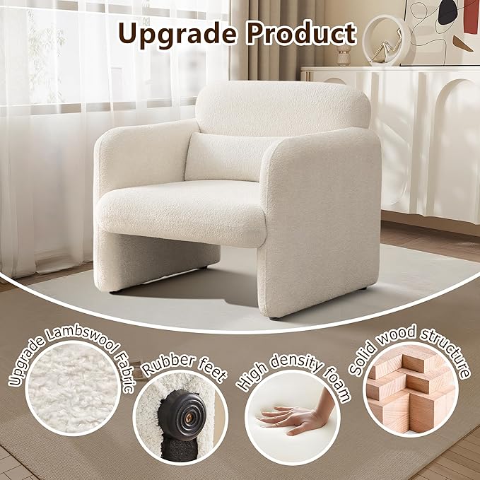 33.9'' Upgrade Lambswool Fabric Accent Chair with Arms, Modern Single Sofa Chair Armchair Upholstered Comfy Reading Arm Chair for Bedroom, Living Room