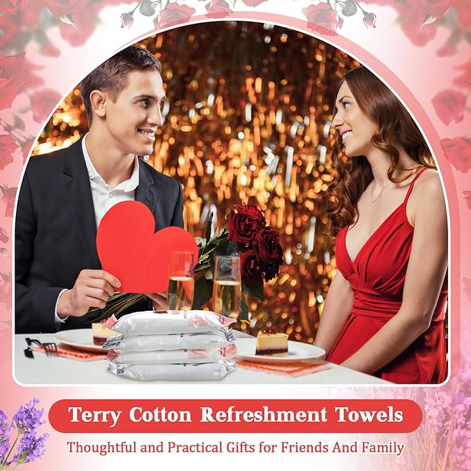 50 Pcs Moist Towelettes Individually Wrapped Scented Disposable Face Towels Essential Oil Infused Moist Terry Cotton Towel for Use Hot or Cold Travel Body Spa (Rose, Lavender)