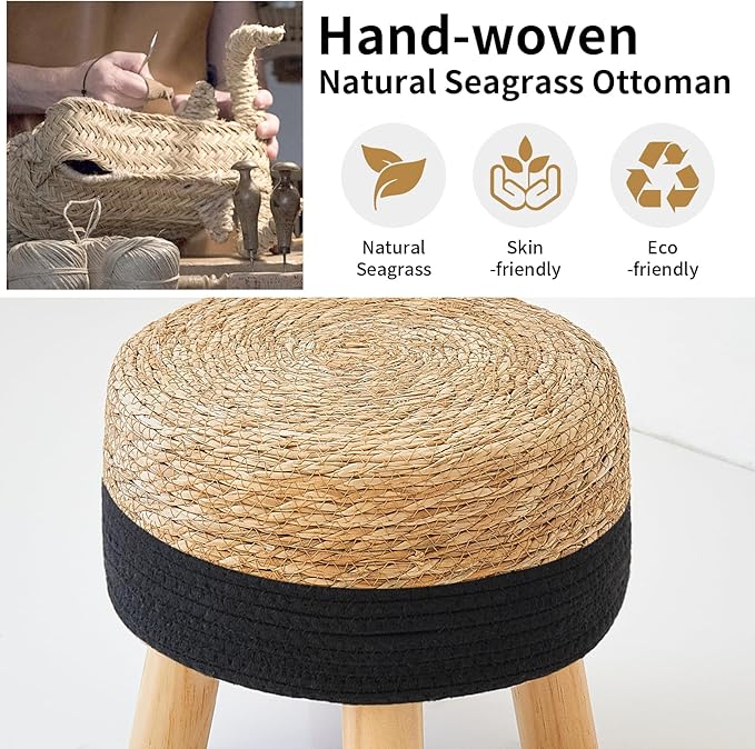 Round Ottoman Natural Seagrass Footstool, Foot Stool with 4 Wood Legs, Hand Woven Round Footstool, Sofa Stool, Multifunctional Modern Dressing Stool, Sofa Side Table for Bedroom (Black)