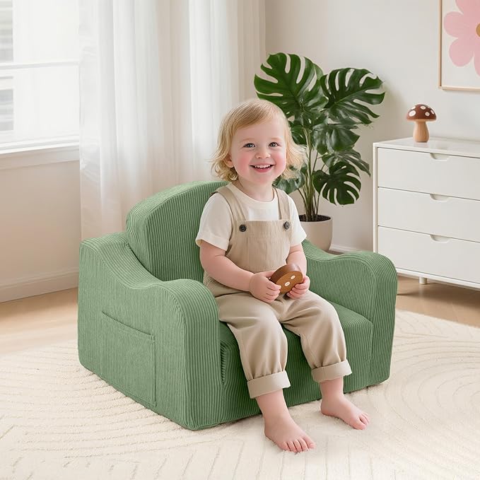 Comfy Toddler Chair for Kids, 2-in-1 Toddler Soft Plush Couch Fold Out, Convertible Kids Couch to Lounger, Baby Sofa for Boys and Girls, Green