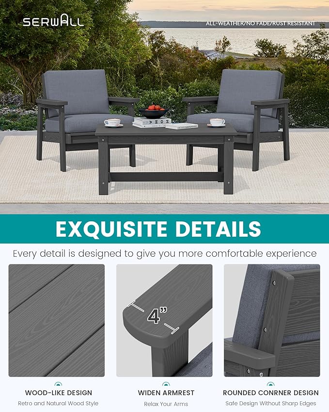 SERWALL HDPE Outdoor Couch Set of 2, Grey Frame and Grey Cushion