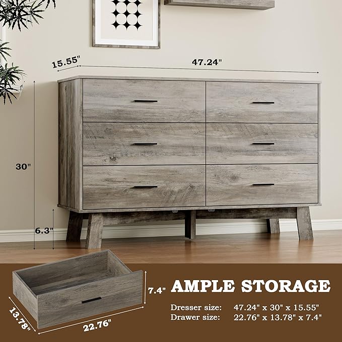 Dresser for Bedroom with 6-Drawer, 47.2" Modern Chest of Drawers with Metal Handles, X-Shape Base & Adjustable Center Leg, Anti-Tip Closet Organizers and Storage