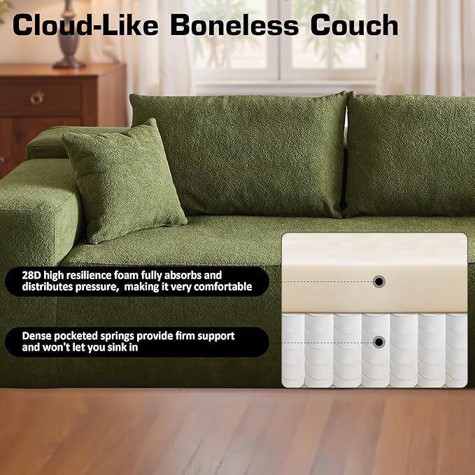 106" Cloud Sectional Couch with Chaise Lounge,L Shaped Modular Modern Sofa,Comfy Velvet Fluffy Couches with Deep Seat,No Assembly Required Couch for Living Room (Right,Cloudy Velvet,Green)