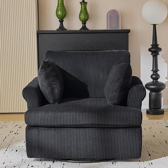 Karl home Swivel Accent Chair Set of 2, 39" Oversized Armchair W/2 Pillows and 4 Pockets,Modern Corduroy Barrel Chairs,Comfy Single Sofa for Living Room,Reading,Bedroom and Office-Black