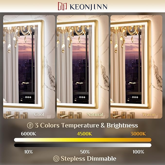 Keonjinn 60" x 36" LED Mirror for Bathroom, Brushed Gold Framed Mirror with Frontlit & Backlit, Large Lighted Mirror with Anti Fog for Wall, Stepless 3 Colors Temperature, UL-Listed LED Driver