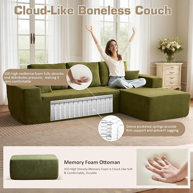 106" Cloud Sectional Couch with L-Shape Chaise & Ottoman, No Assembly Modular Sofa, Deep Seat Corduroy Boneless Couched for Living Room (Green Cloudy Velvet, Right Facing Chaise with Ottoman)