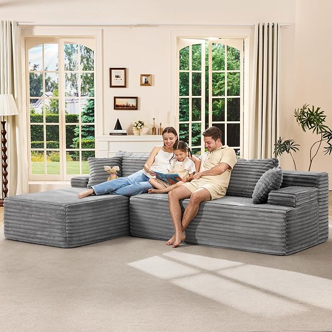 Hobestluk Modular Sectional Couch Sofa, 108" Boneless Couches for Living Room, Memory Foam Sectional Couch with Oversized Chaise,L-Shape Couches (Grey, Left Facing)