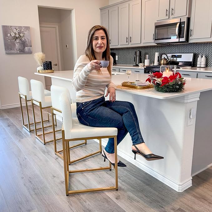 ALPHA HOME 24 Inch Bar Stools Set of 2, Kitchen Counter Stools with Backs, PU Leather Barstools, White Bar Stools with Upholstered Footrest, Sturdy Chromed Metal Steel Frame, Off-White