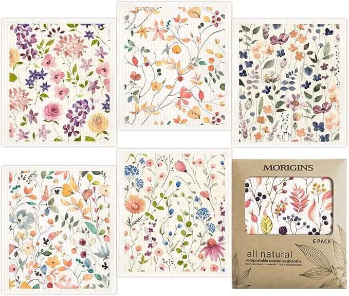 Morigins Floral Swedish Dish Cloths - 6 Pack Reusable Compostable Kitchen Cloth,Cellulose Sponge Dish Cloths Dish Towel Set